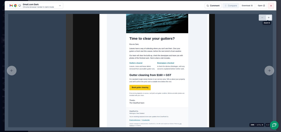 MailSlurp's full-window Gmail.com Dark viewer at 200% zoom, showing a white campaign with dark text, two service columns, a yellow booking button and the complete footer