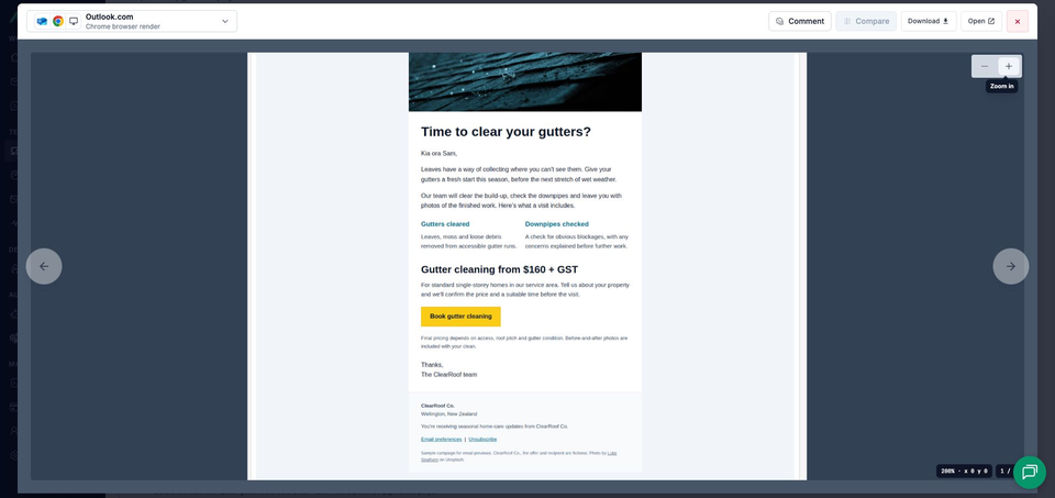 MailSlurp's full-window Outlook.com viewer at 200% zoom showing the campaign heading, service columns, price, yellow booking button and footer