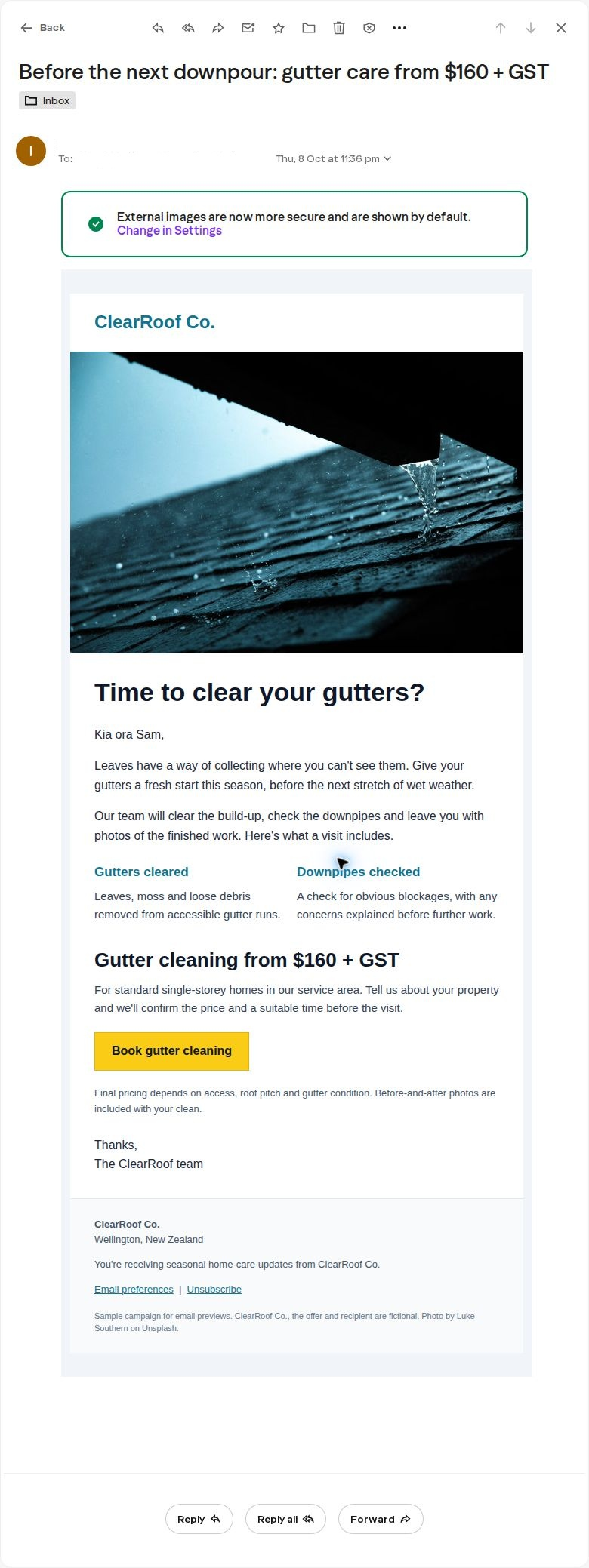 Complete ClearRoof email in Yahoo Mail with a green external-images notice, visible gutter photograph, side-by-side services, yellow booking action and full footer