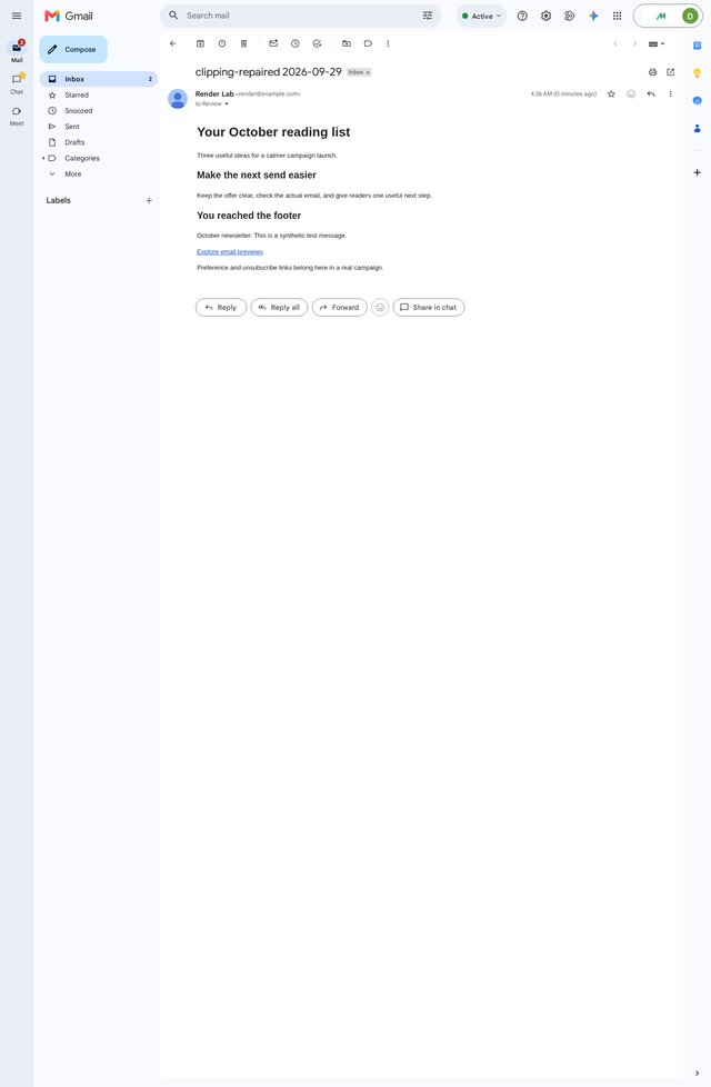 Gmail web showing the same newsletter after markup reduction, including You reached the footer and its link