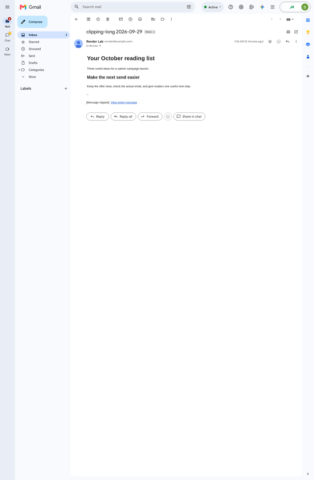 Gmail web showing the short newsletter with a Message clipped notice and no visible footer
