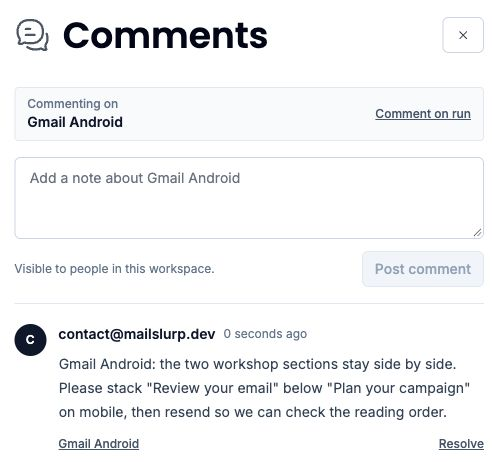 MailSlurp Comments panel showing Gmail Android as the comment target, the workshop layout feedback and the Resolve action