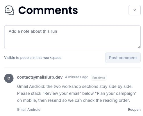MailSlurp Comments panel showing the workshop feedback marked Resolved, with its Gmail Android context and a Reopen action