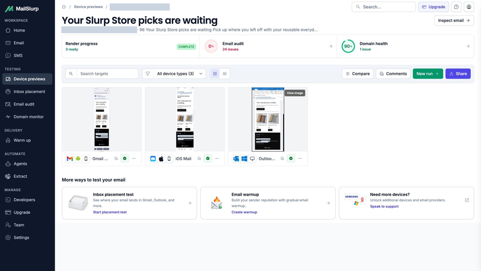 Full MailSlurp result with three ready client captures, a complete rendering status and separate email audit and domain health issues