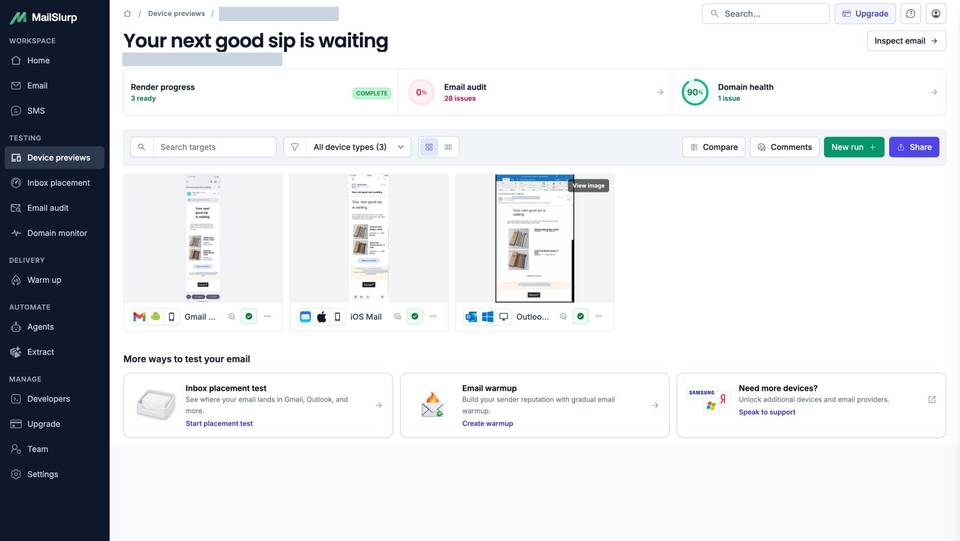 Full MailSlurp result with three ready Klaviyo client captures and separate unresolved email-audit and domain-health issues