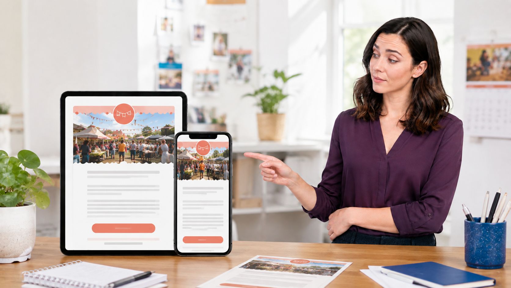 A marketer reviewing a Constant Contact campaign on phone and tablet email previews