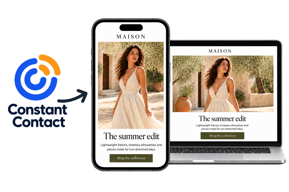 Constant Contact logo with an arrow pointing to a fashion email campaign on a phone and laptop