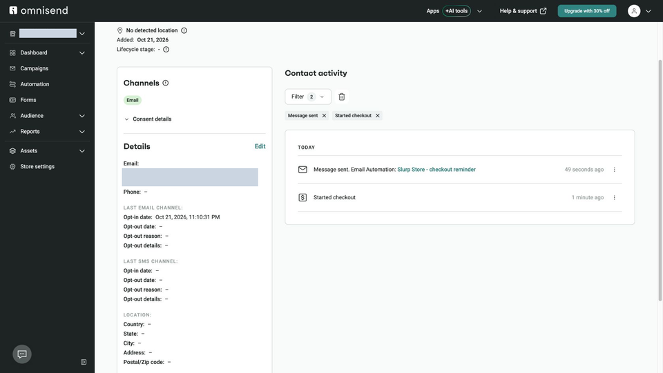 Full Omnisend contact activity filtered to Started checkout and Message sent, with the recipient address hidden