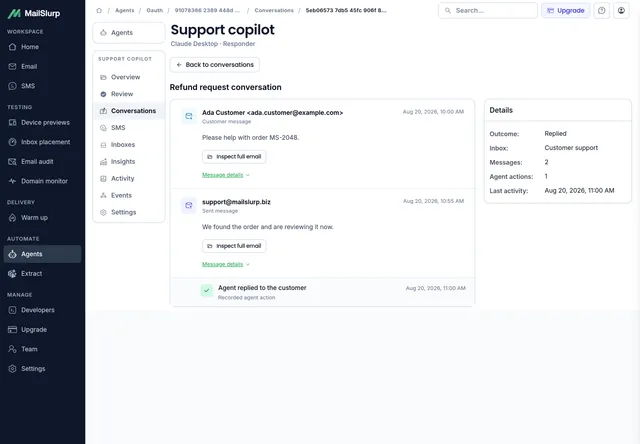 An example support copilot conversation in the MailSlurp agent workspace