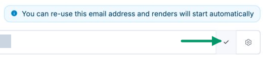 Detail of the MailSlurp receiving-address copy control showing its checkmark after copying, with an arrow pointing to the control