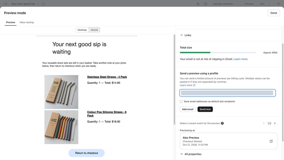 Full Klaviyo preview with the original Alex Preview checkout event selected, both populated products and the Send test control