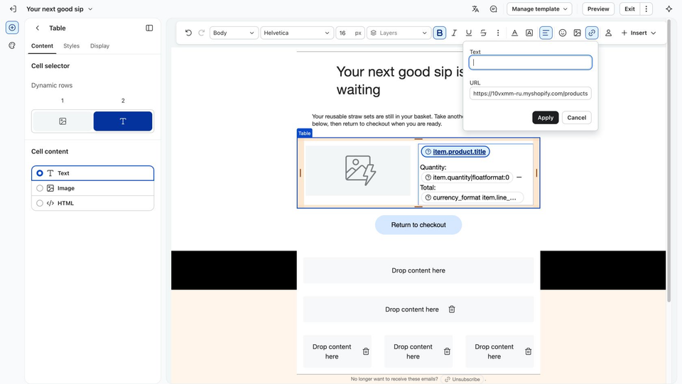 Full Klaviyo editor showing the same product-title link with the Shopify storefront base in the URL field
