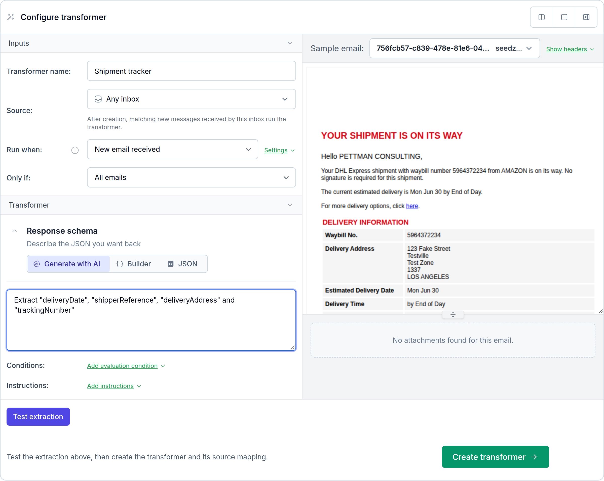 MailSlurp extraction setup beside a shipment email