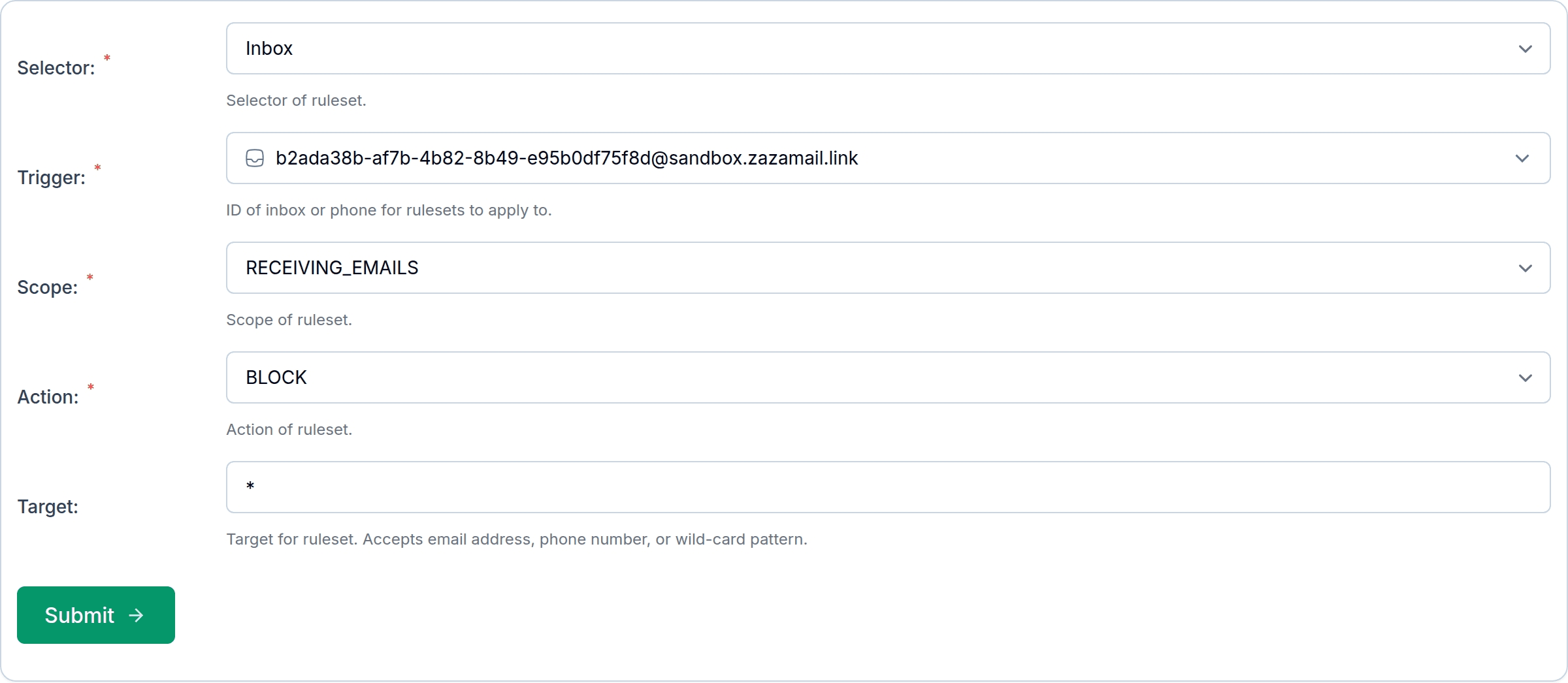 Example MailSlurp ruleset configured to block incoming email