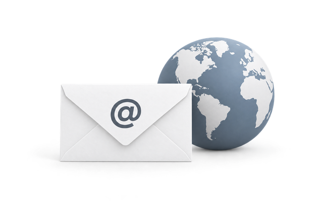 A custom-domain email envelope beside a globe