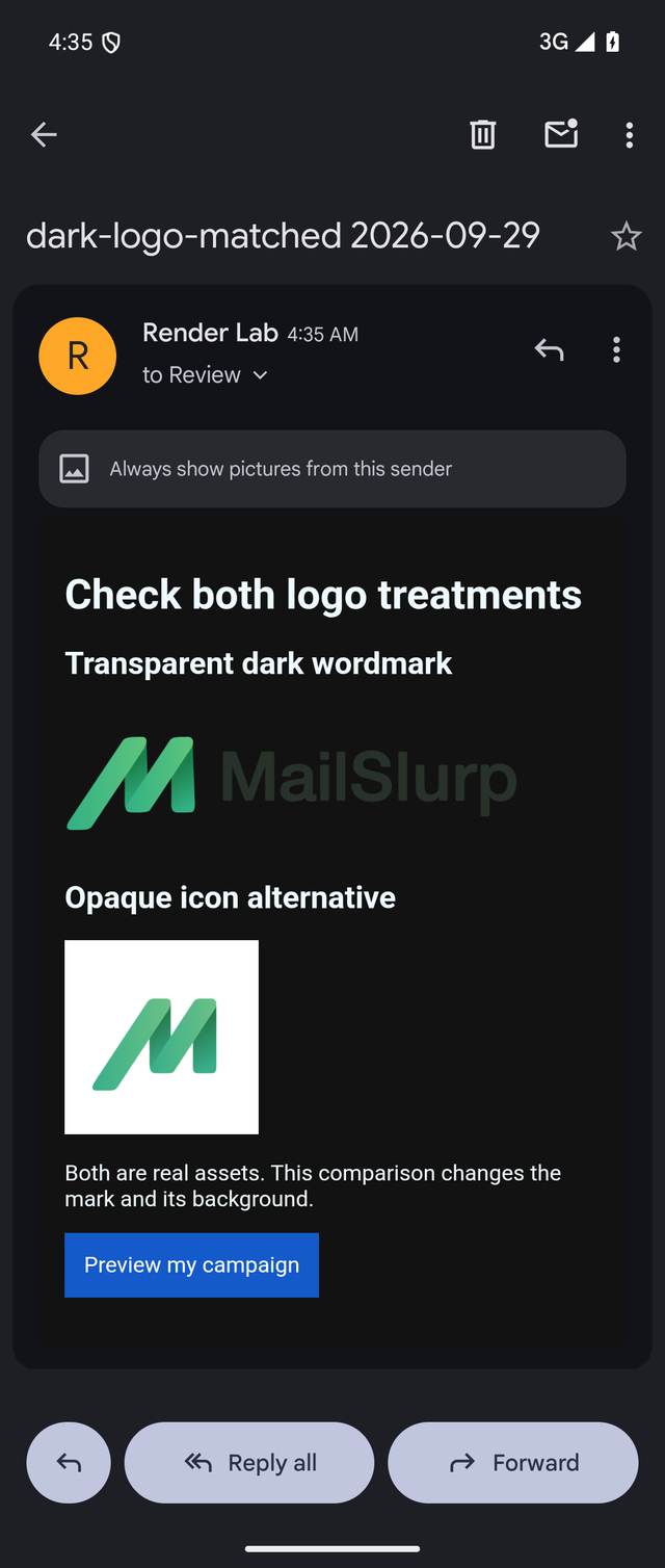 The same email in Gmail Android dark mode where the dark wordmark loses contrast but the opaque icon and button remain visible