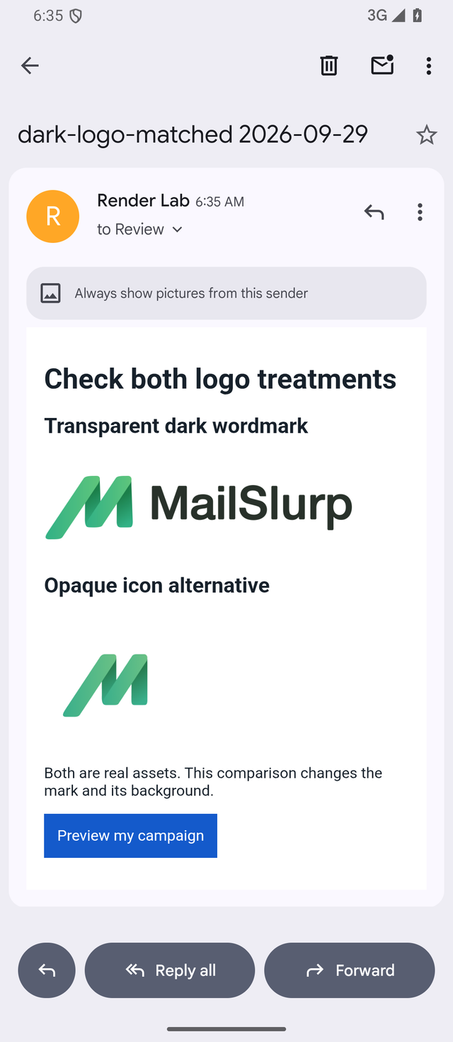 Gmail Android light-mode email with a readable transparent MailSlurp wordmark, opaque icon and blue button