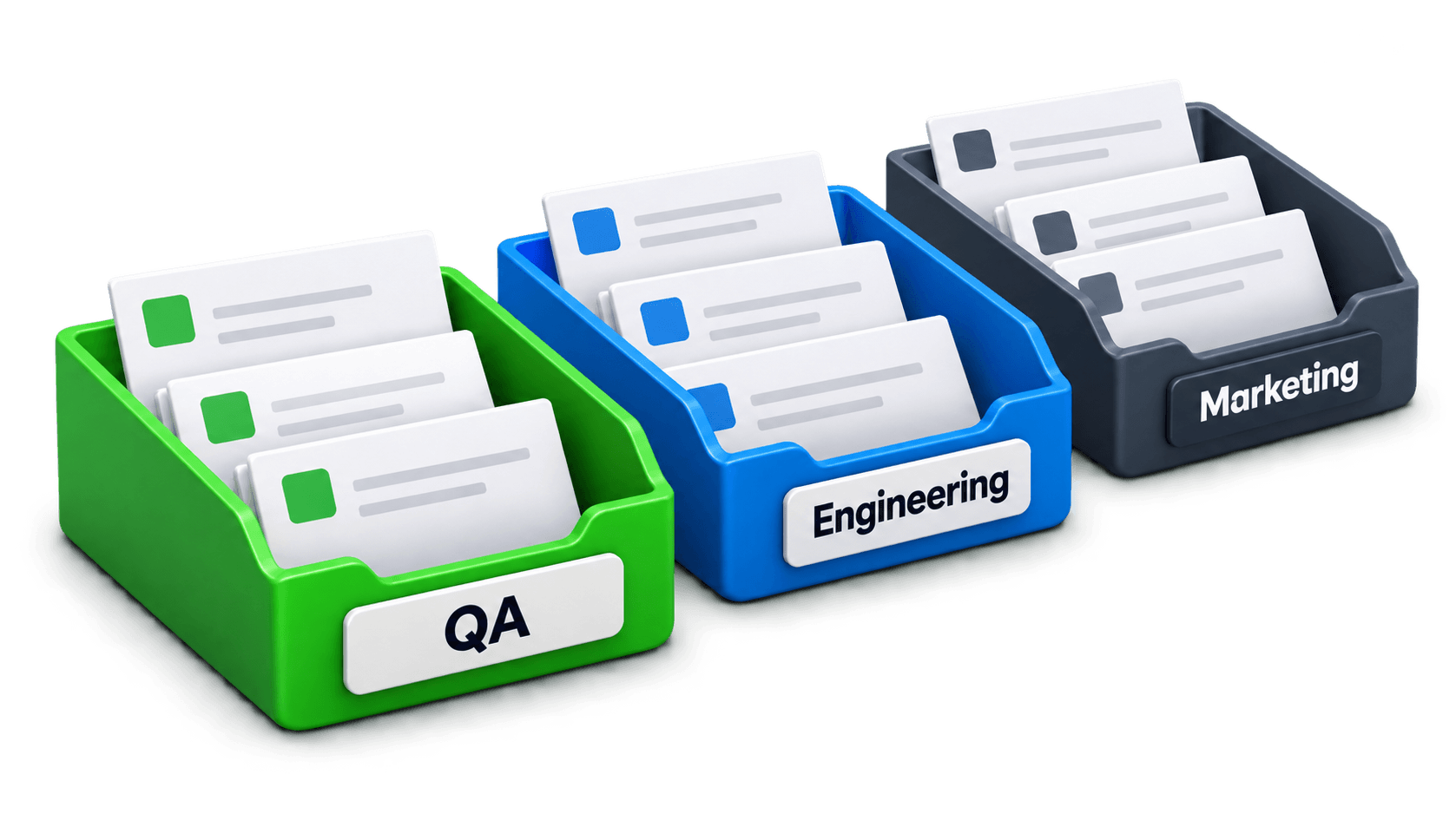 Separate shared inbox trays labeled QA, Engineering and Marketing