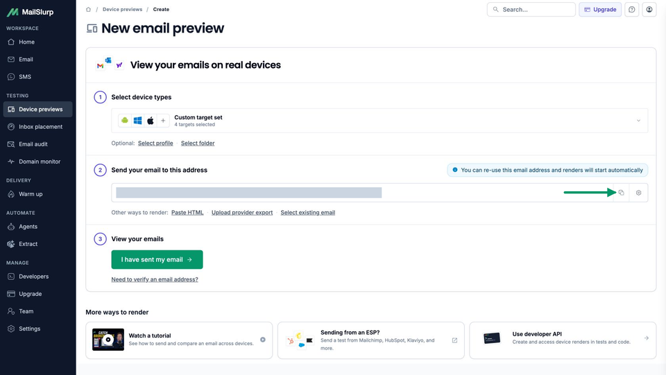 MailSlurp's send-email workflow with four selected targets and an arrow pointing to the generated address Copy control