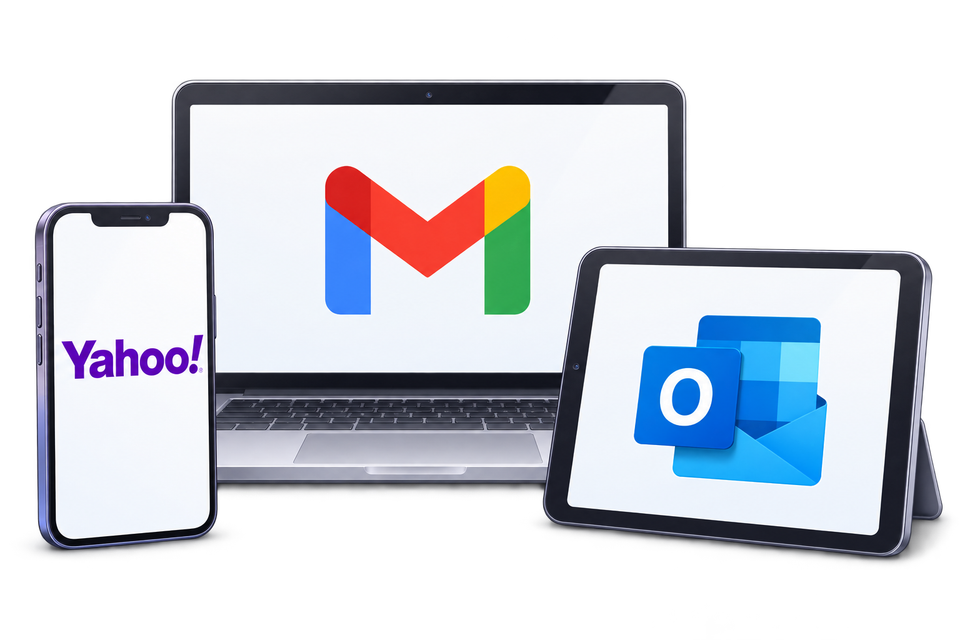 Illustration of Gmail on a laptop, Outlook on a tablet and Yahoo Mail on a phone