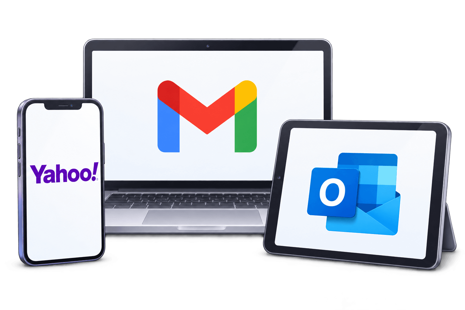 Gmail, Yahoo and Outlook logos on a laptop, phone and tablet