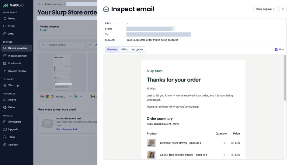 MailSlurp's Inspect email view showing the Slurp Store order notification with two straw products and their photographs