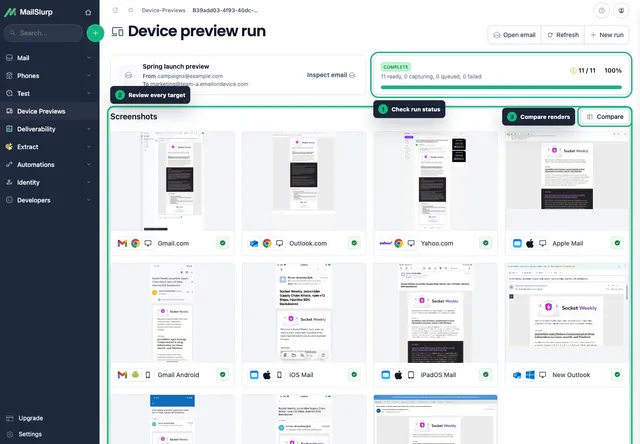 A MailSlurp device preview run with screenshots from Gmail, Outlook, Apple Mail, and mobile clients