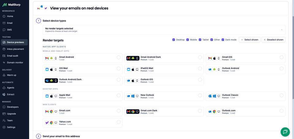 Full MailSlurp window with the device selector expanded and no targets selected