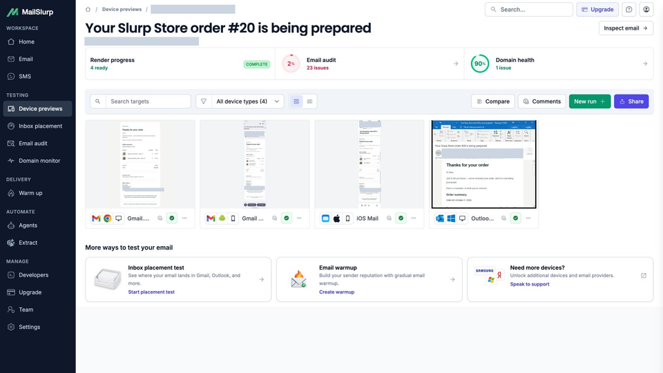 MailSlurp's order-email results with four ready client captures, alongside separate email audit and domain health findings