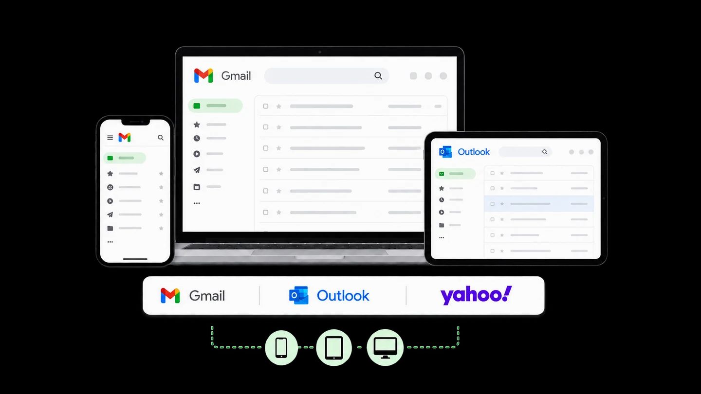 Gmail, Outlook, and Yahoo selected with phone, tablet, and desktop previews