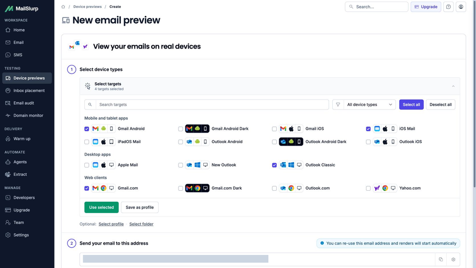 MailSlurp's expanded target selector with Gmail Android, iOS Mail, Outlook Classic and Gmail.com checked