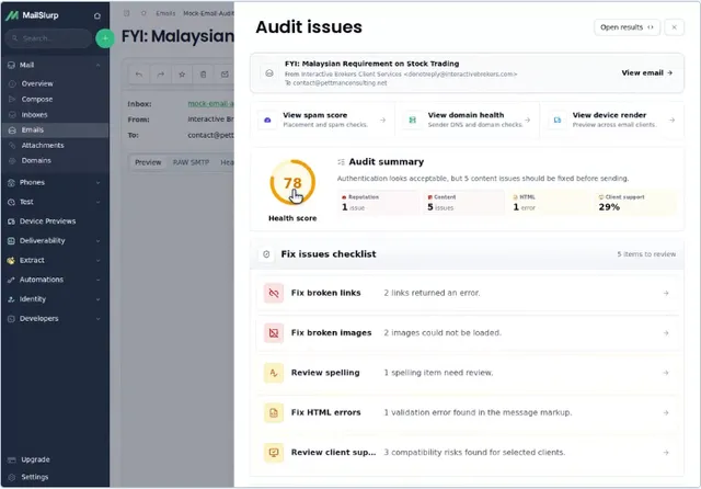 MailSlurp Email Audit listing broken links, missing images, spelling, HTML, and client support findings