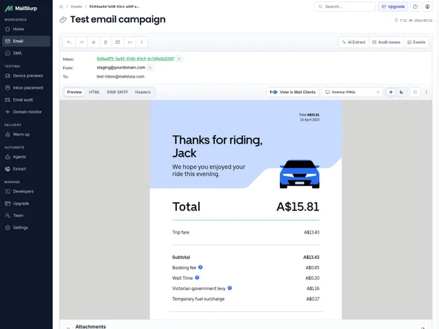 A received email open in MailSlurp with message details and an HTML preview