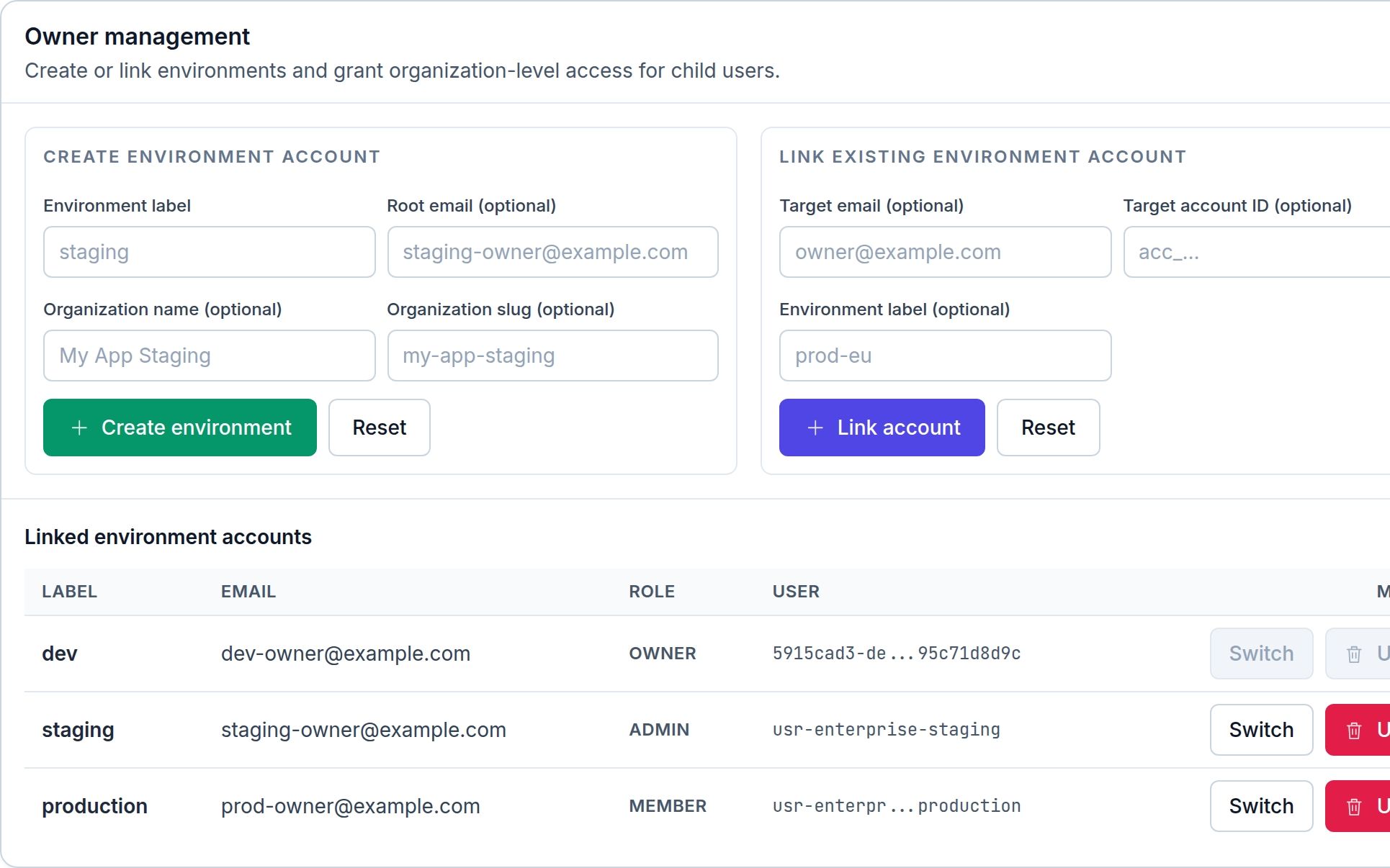 MailSlurp enterprise environment management with example development, staging and production accounts