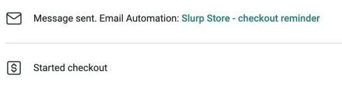 Detail of the contact activity showing Started checkout followed by Message sent from the Slurp Store checkout reminder automation