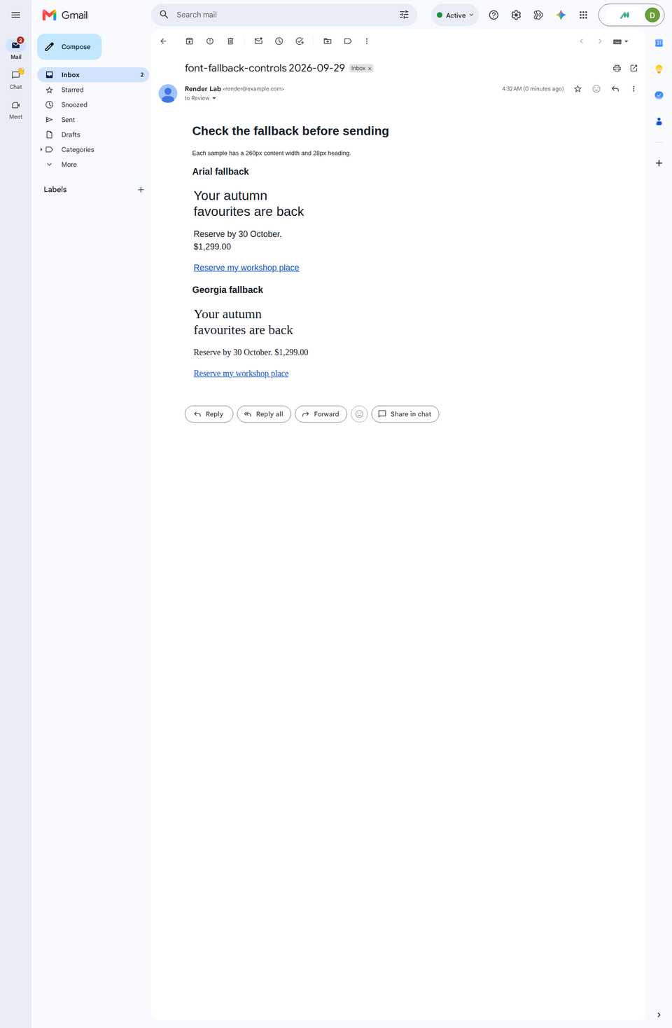 Gmail web comparison with two-line headings in both font samples, but a date and price wrapping to two lines in the Arial sample and one in the Georgia sample