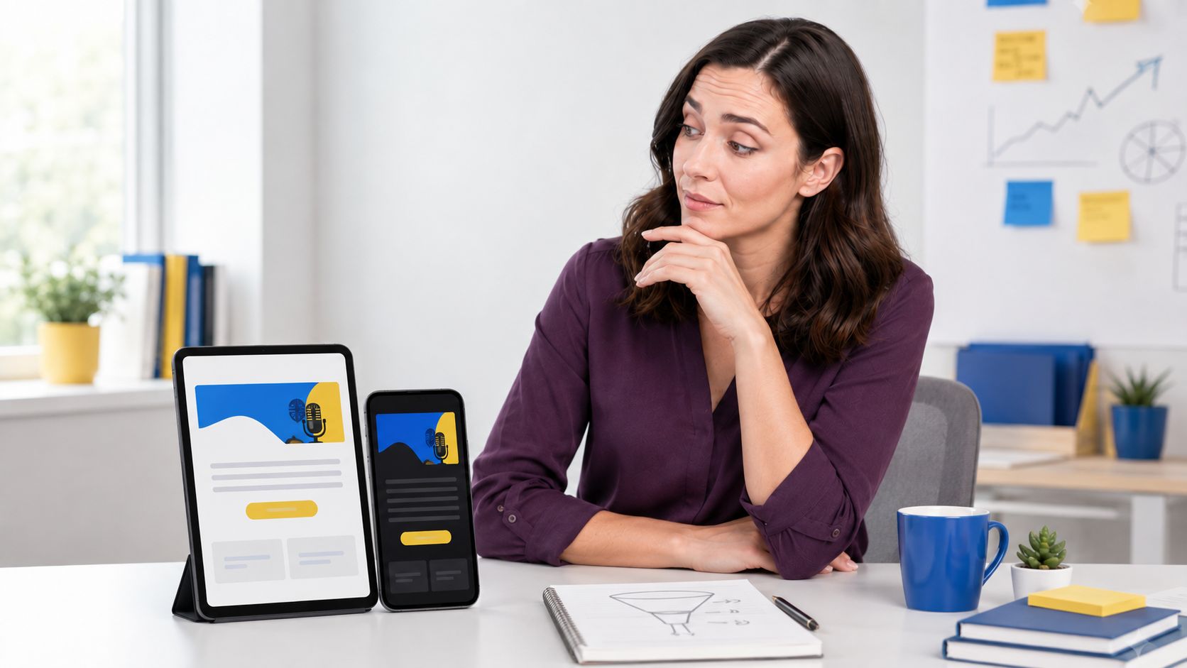 A marketer reviewing a GetResponse campaign on phone and tablet email previews
