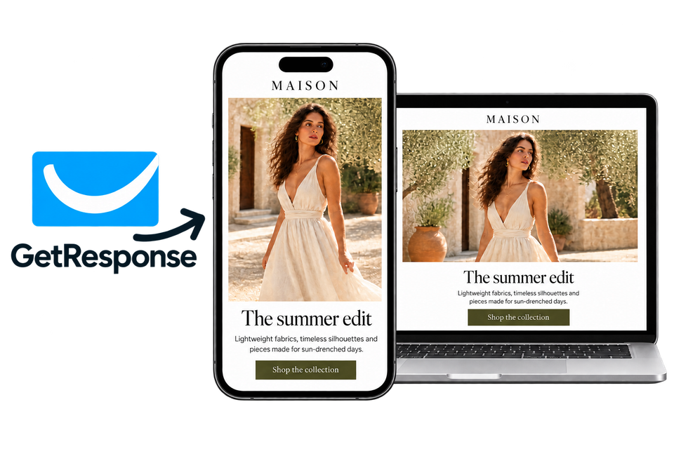 GetResponse logo with an arrow pointing to a fashion email campaign on a phone and laptop