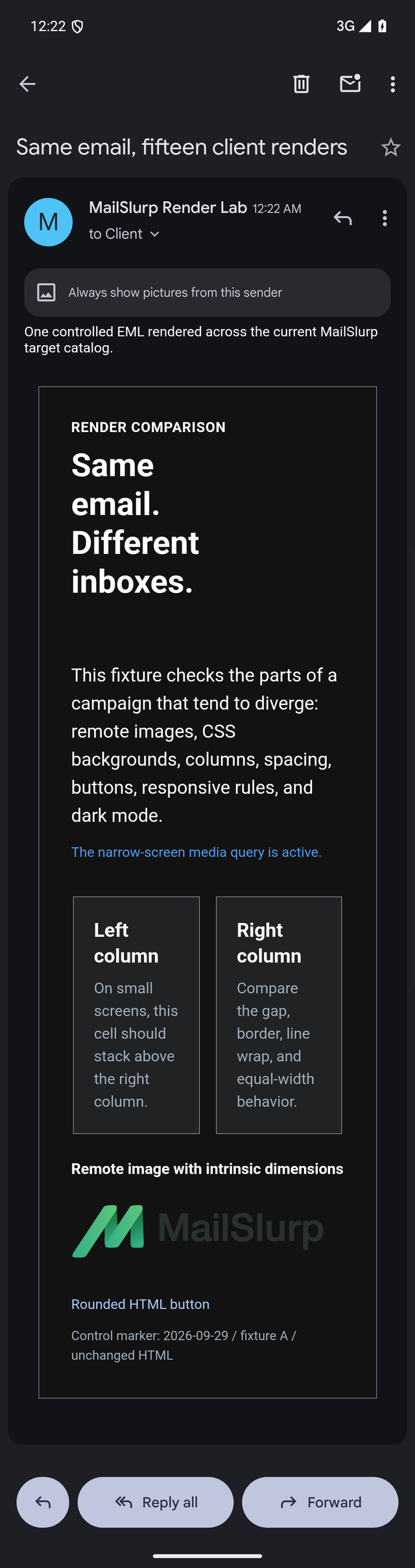 The same email in Gmail Android dark mode with transformed surfaces and a low-contrast dark wordmark