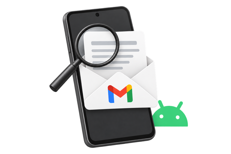 An Android phone, Gmail envelope and magnifying glass illustrating a dark-mode email review