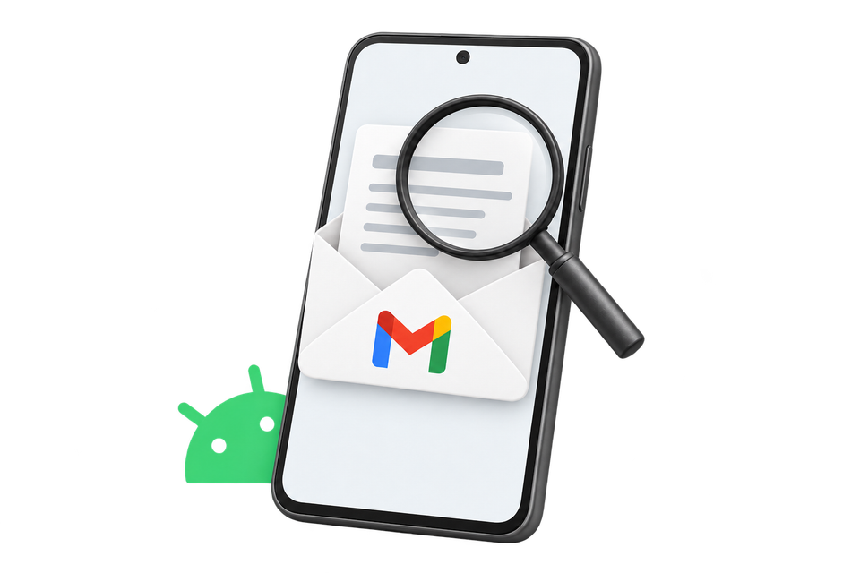An Android phone with Gmail branding, an open envelope and a magnifying glass inspecting the email