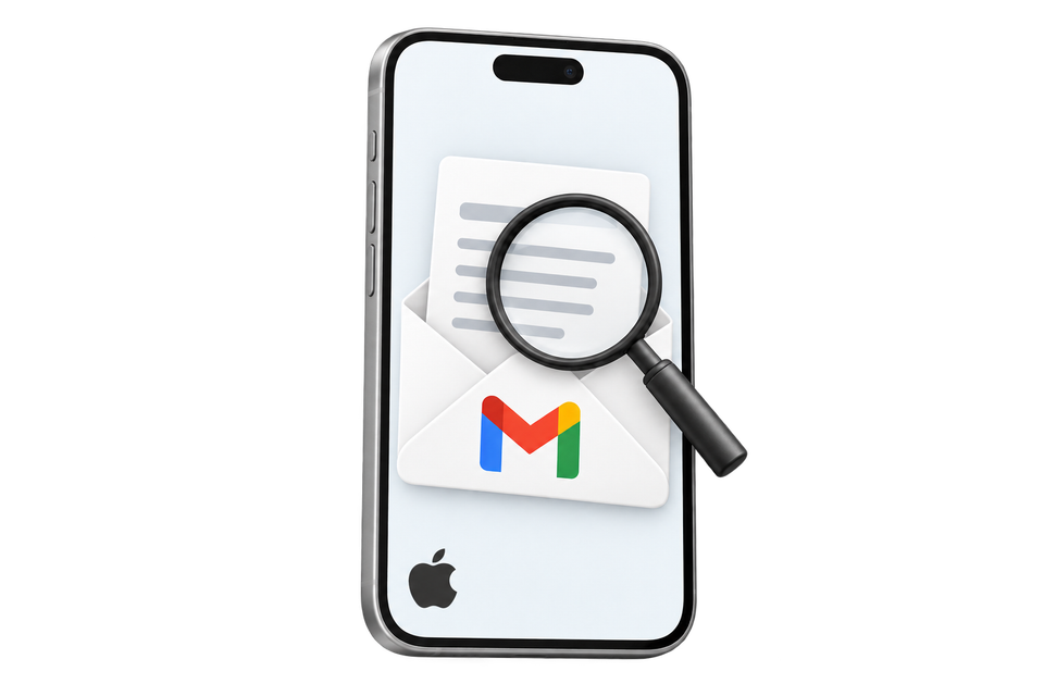 An iPhone, Gmail envelope and magnifying glass illustrating an email review