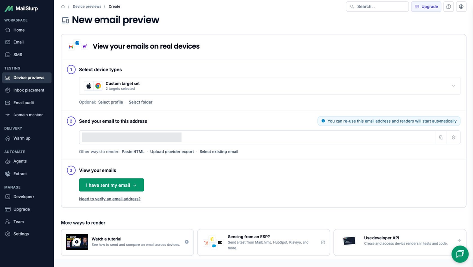 MailSlurp New email preview page with the selected target set, hidden render address and I have sent my email button