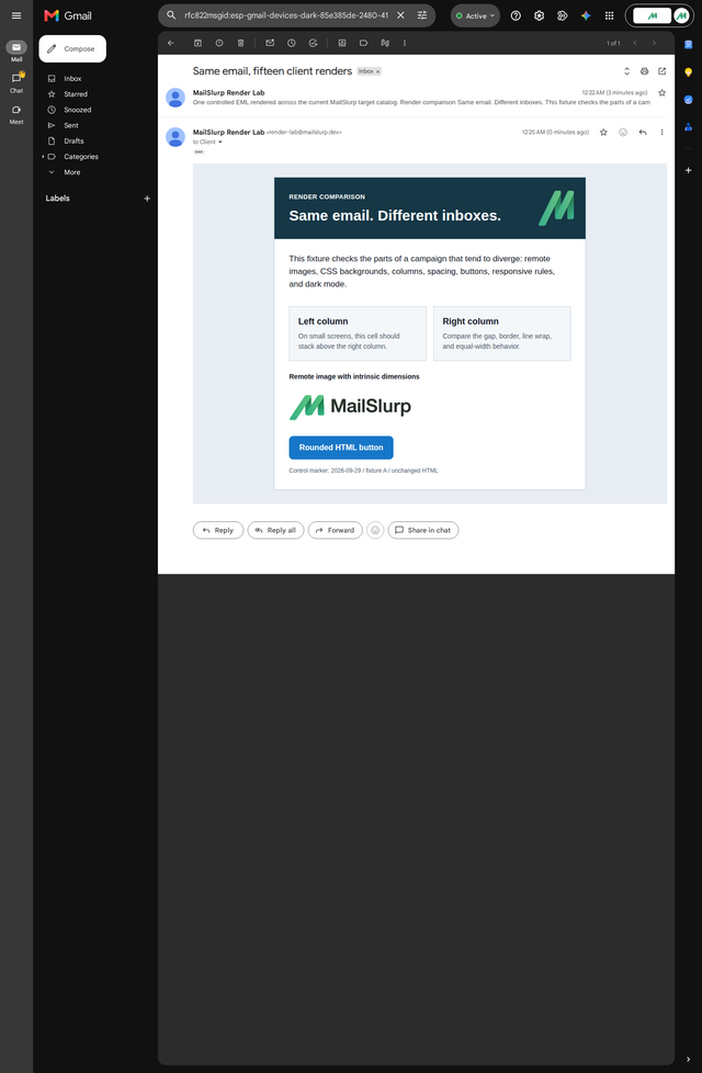 The same controlled email in Gmail web dark mode with dark Gmail chrome and a light email surface