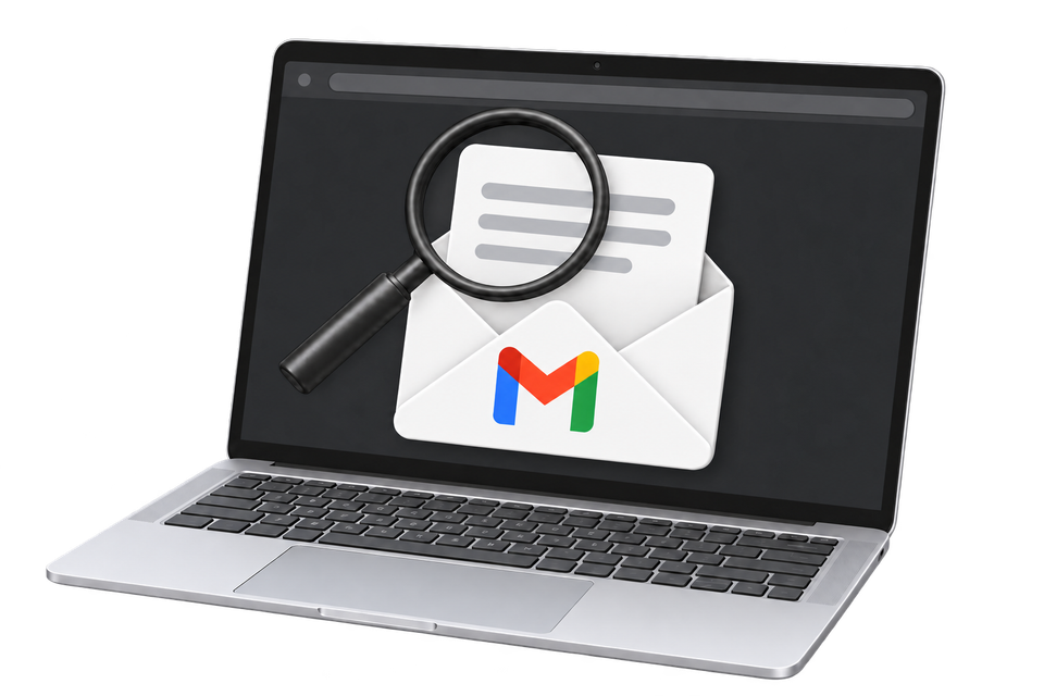 A laptop with a dark screen, Gmail envelope and magnifying glass illustrating an email appearance check