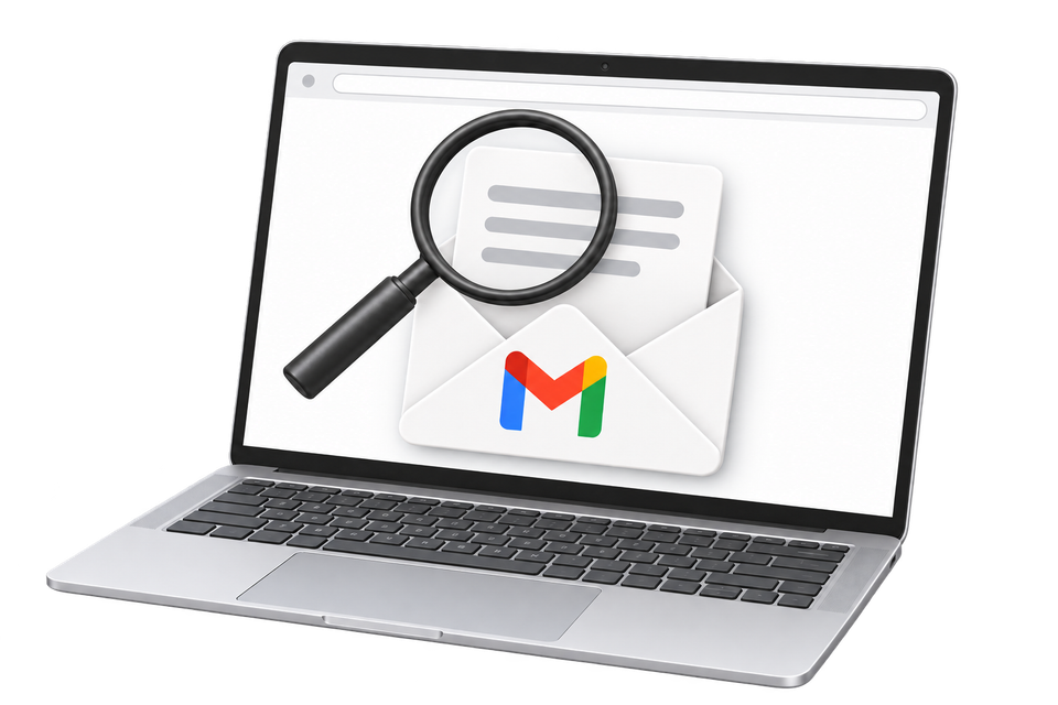 A laptop, Gmail envelope and magnifying glass illustrating an email review in a browser