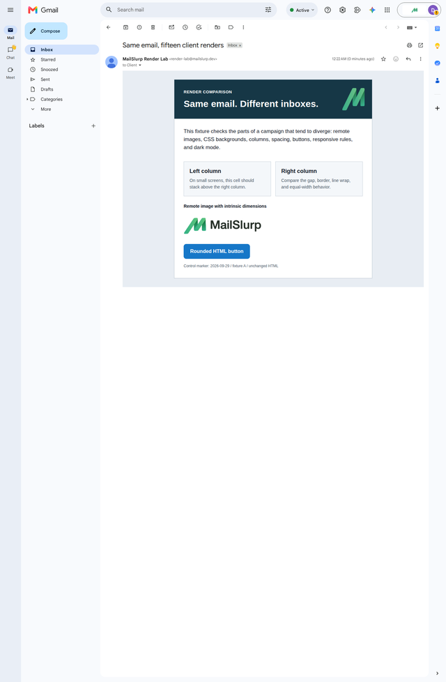 Controlled email in Gmail web light mode with two desktop columns, hero image, wordmark, and blue CTA