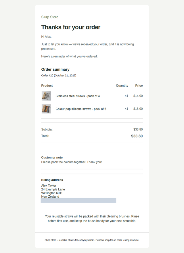 Complete Slurp Store order email in Gmail.com with both product photos, prices, the 33.80 dollar total, customer note and care instructions