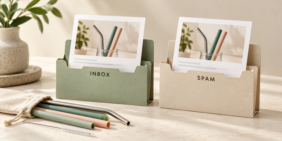 Illustration of product-launch emails in folders labeled Inbox and Spam