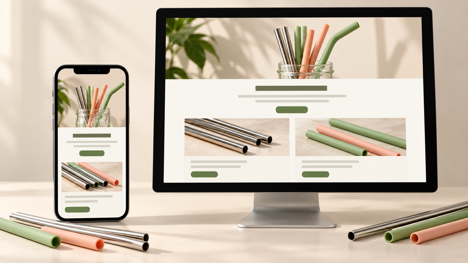 Illustration of a reusable-straw product email on a phone and desktop screen